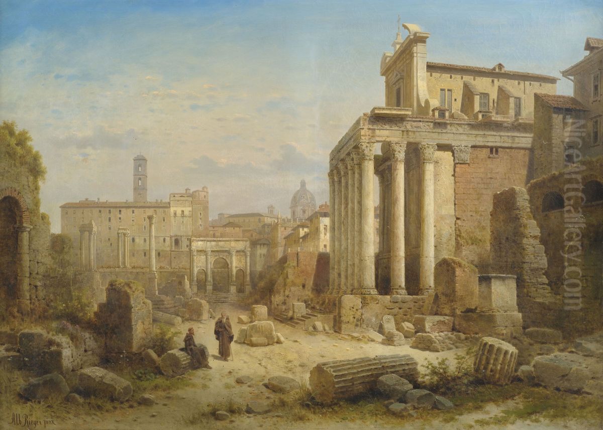 Blick auf das Forum Romanum mit dem Septimius-Severus-Bogen und dem Tempel der Faustina und des Antonius Pius. Oil Painting by Albert Rieger