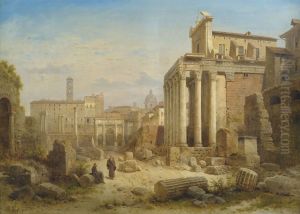Blick auf das Forum Romanum mit dem Septimius-Severus-Bogen und dem Tempel der Faustina und des Antonius Pius.