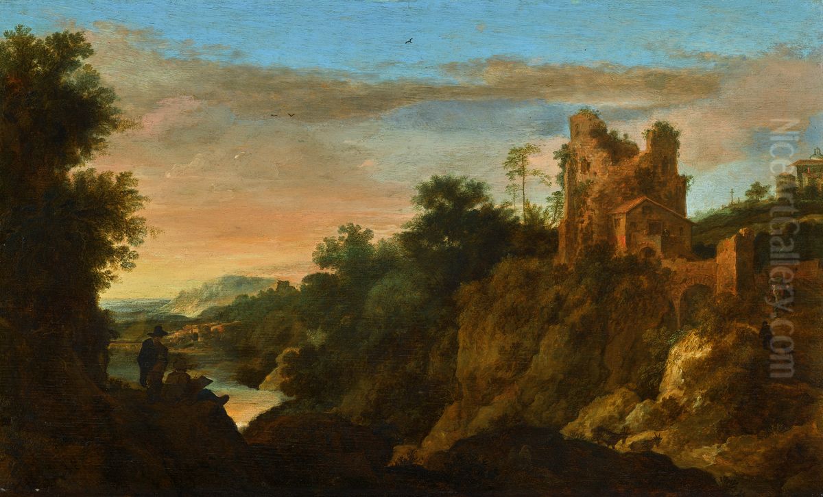 Italianate mountain landscape at sunset with a draughtsman Oil Painting by Pieter De Molijn