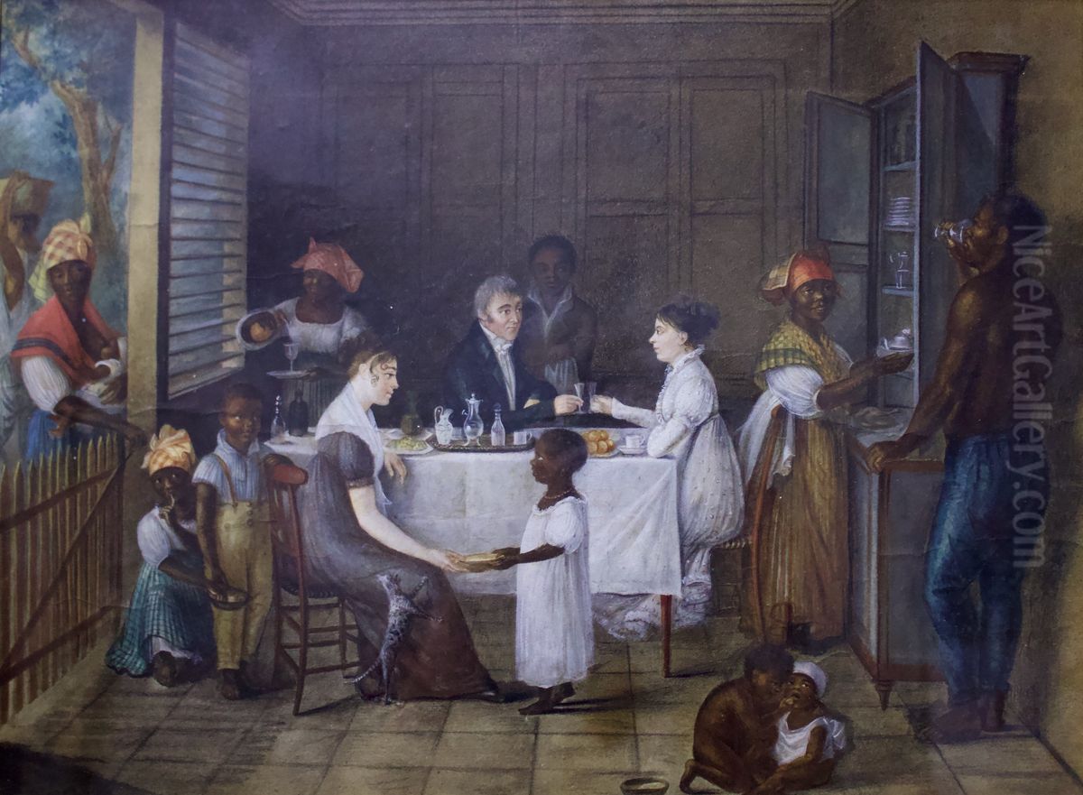 Presumed portrait of Charlotte Martner, her husband, the house staff and a guest, in a dining room in Fort-de-France, Martinique Oil Painting by Charlotte Martner