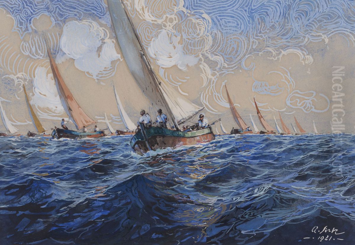 Ribiske barke Oil Painting by Albert Sirk