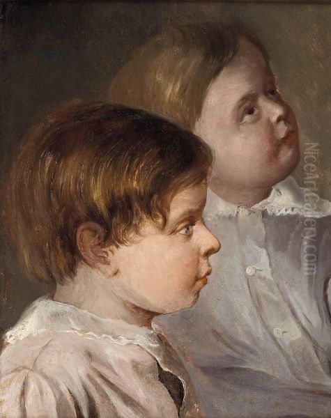 Double portrait of the two small sons of the Artist Oil Painting by Albert Schindler
