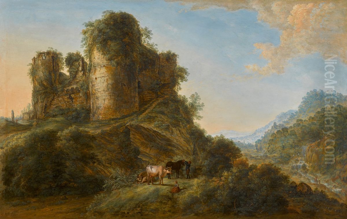 A landscape with the ruins of cesar castle at Vaulx-lez-Tournai Oil Painting by Gillis Neyts
