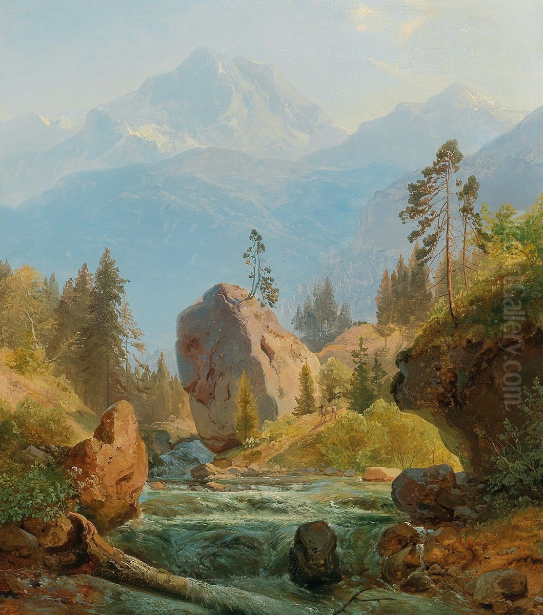 A mountain landscape with creek Oil Painting by Albert Zimmermann