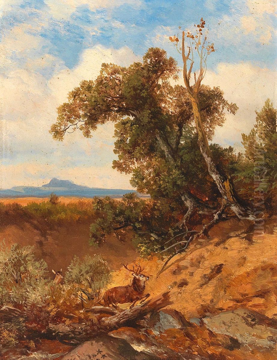 Fleeing Stag in the Foothills of the Alps Oil Painting by Albert Zimmermann