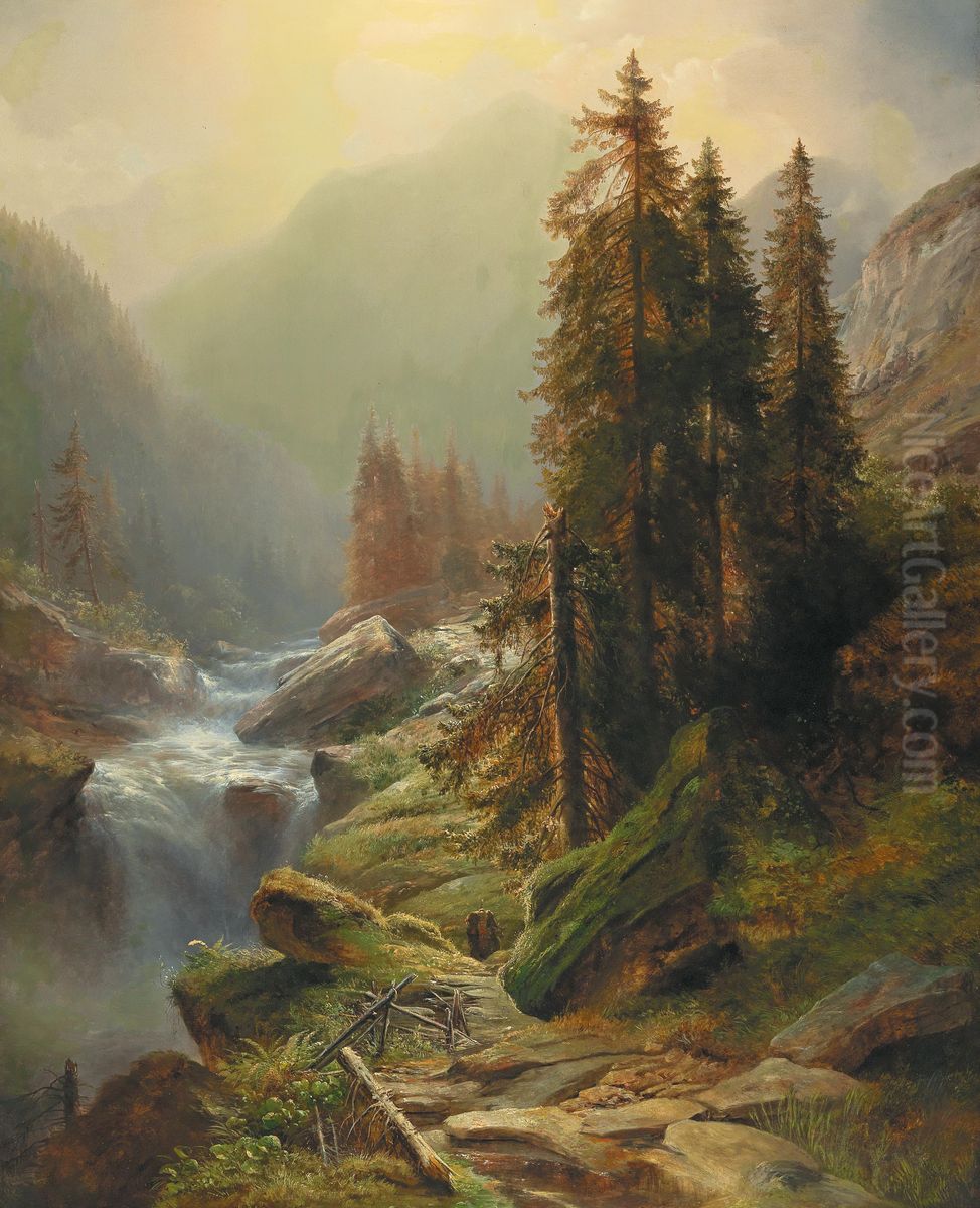 Large Mountain Landscape Oil Painting by Albert Zimmermann