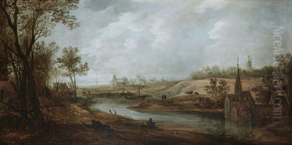 Wide river landscape with a church, a windmill and a monastery, with figures resting on a bank and fishing Oil Painting by Frans de Momper