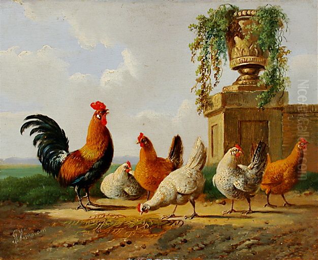 Chickens and a park vase.jpg Oil Painting by Albertus Verhoesen