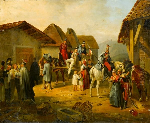 Soldiers Resting in a Village, A Cavalry Officer Holding an Austrian Banner Oil Painting by Albrecht Adam
