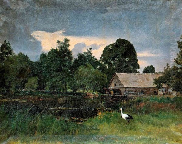 Landscape with a Stork Oil Painting by Kazimierz Alchimowicz
