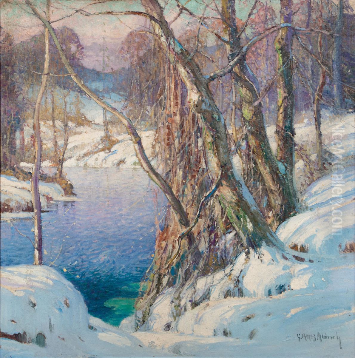 Winter Landscape with River Oil Painting by George Ames Aldrich