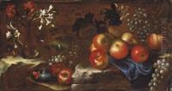 Still life with apples, raisins and flowers Oil Painting by Tommaso Aldrovandini