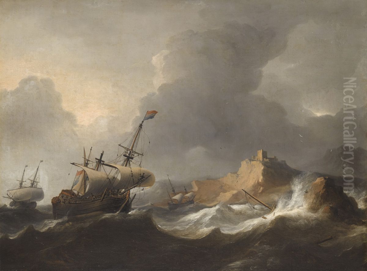 Ships in distress off a rocky coast Oil Painting by Aernout Smit