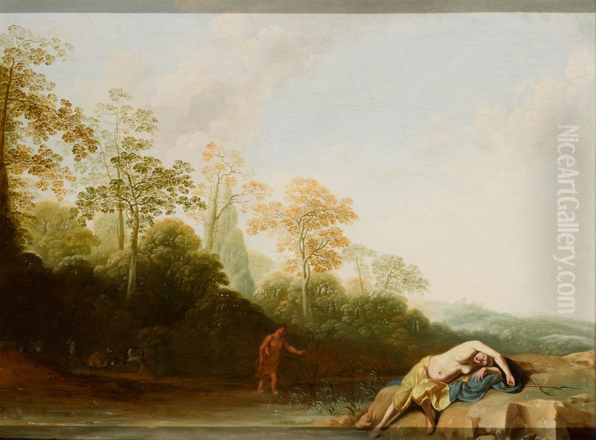 A wooded landscape with a nymph resting beside a river Oil Painting by Cornelius van Poelenburgh