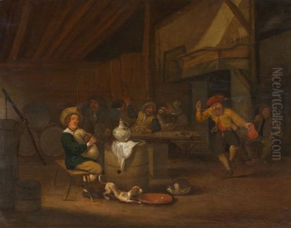 A tavern interior with peasants gathered around a table Oil Painting by Hendrick Bogaert