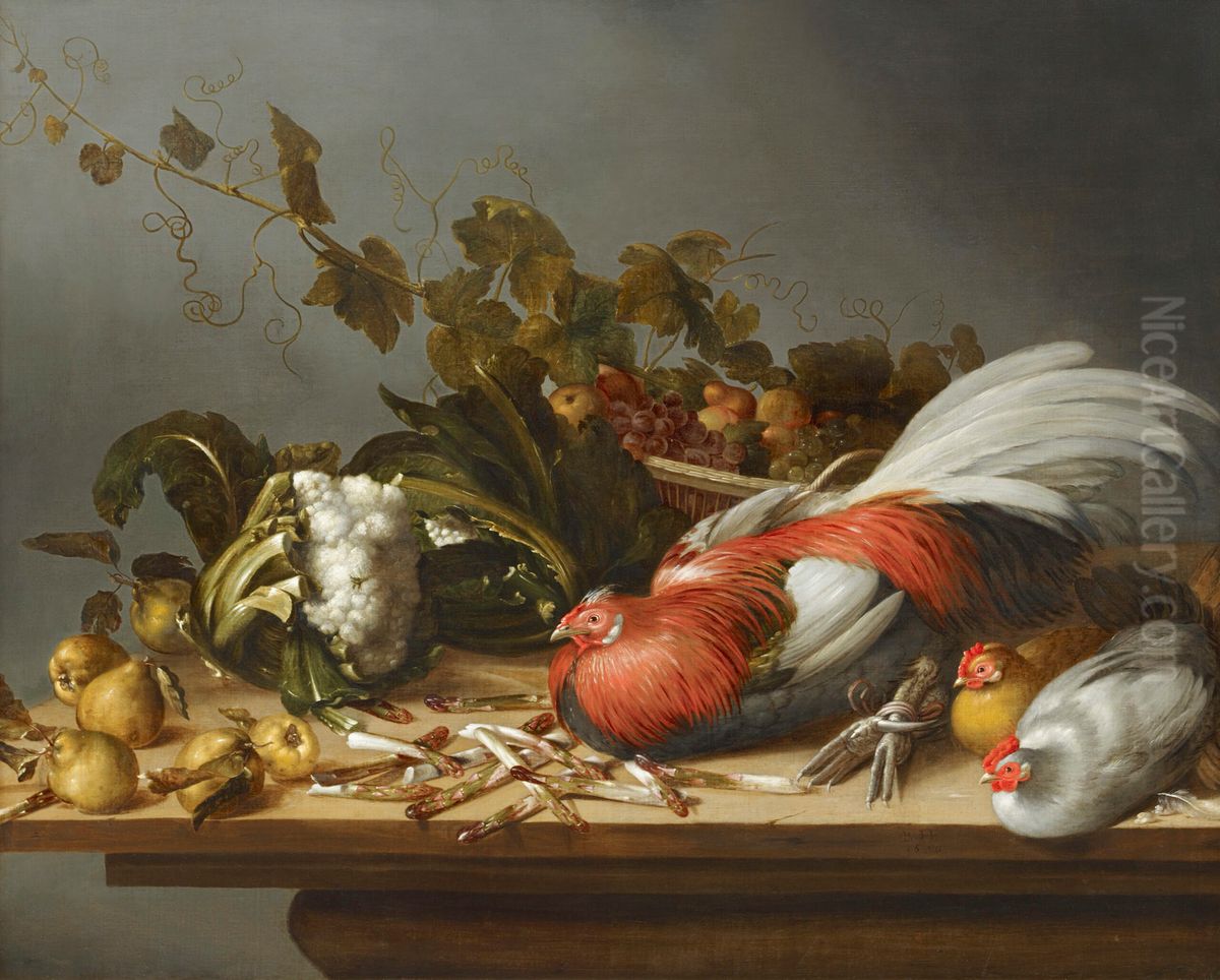 Still Life with Rooster and Chickens on a Table Top Oil Painting by Balthasar Huys