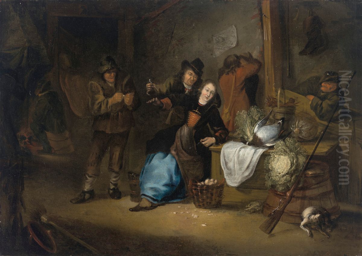 A rustic interior with a seated woman and other figures making merry Oil Painting by Gerrit Lundens