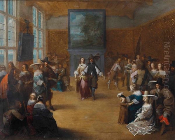 An elegant party in a palace interior with figures conversing and dancing Oil Painting by Hieronymus Janssens