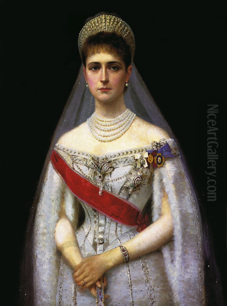 Empress Alexandra Feodorovna of Russia, born Princess Alix of Hessen and by Rhine in Russian court gown Oil Painting by Ilya Savich Galkin
