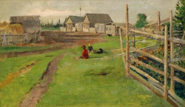 Alemasovo Village. Landscape with Boys Oil Painting by Panteleymon Chukomin