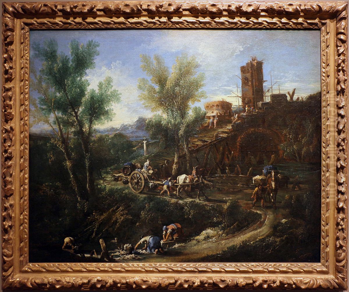 paesaggio con zingari e lavandaie Oil Painting by Alessandro Magnasco