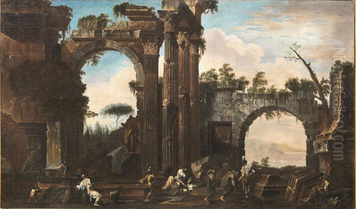 Landscape with classical ruins and figures Oil Painting by Alessandro Magnasco