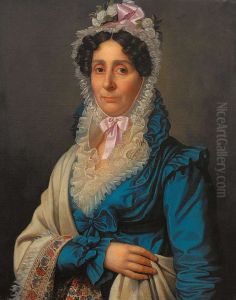 Portrait einer Dame mit weisser Spitzenhaube, blauem Taftkleid und beigem Umhang.