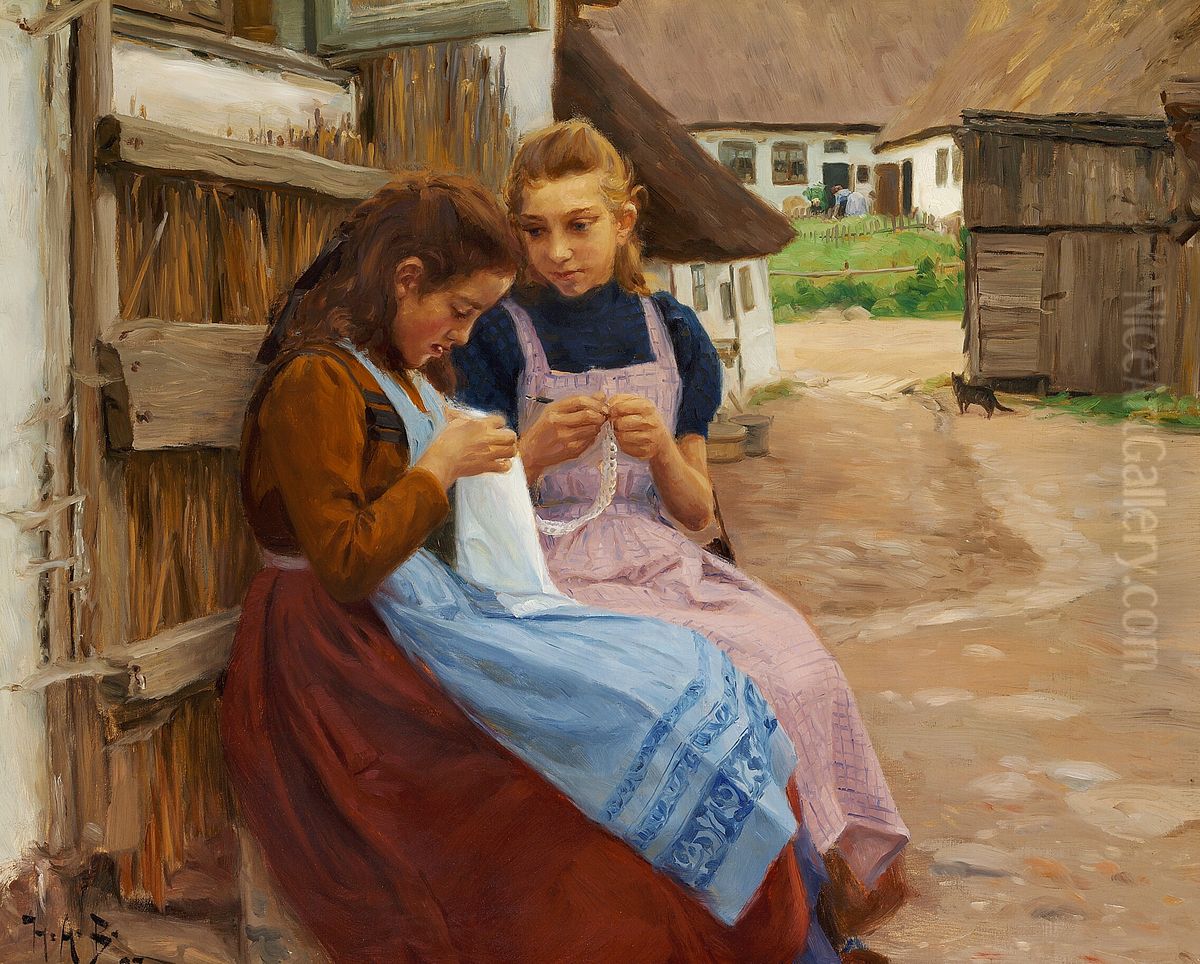 Two girls with needle-work sitting in a farm yard. Oil Painting by H. A. Brendekilde
