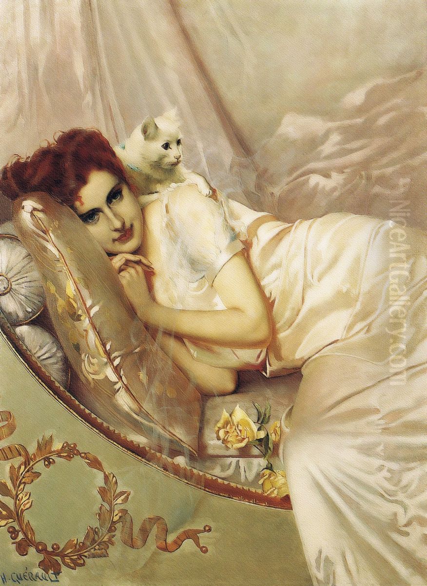 Reclining lady with a cat Oil Painting by unknown