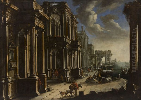 View with architecture, triumphal arch and figures Oil Painting by Alessandro Salucci