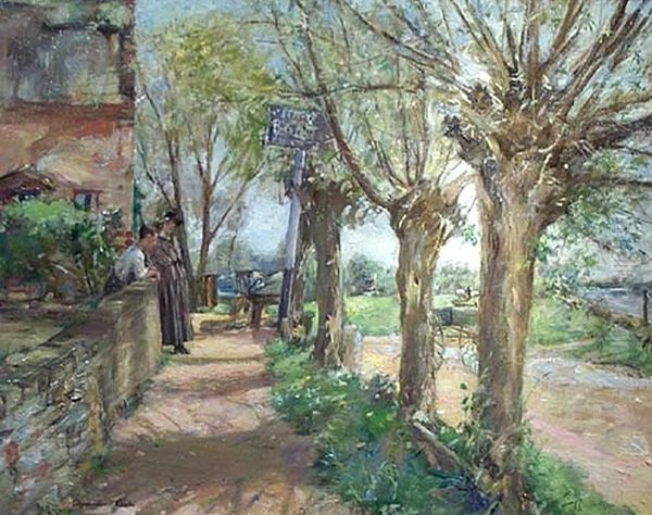 The Ferry Boat Inn at Holywell on the Great Ouse, Huntingdonshire Oil Painting by Alexander Ignatius Roche