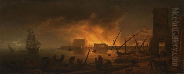 Nachtlicher Brand in einem Seehafen, 1748 Oil Painting by Joseph Vernet