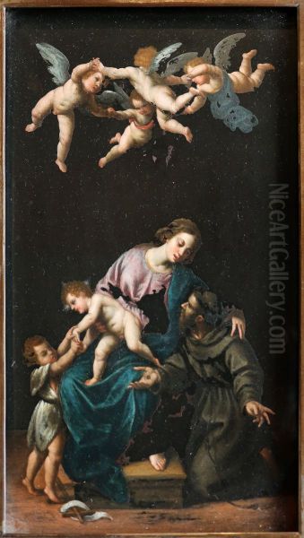madonna col bambino e i ss. giovannino e francesco, su pietra di paragone Oil Painting by Alessandro Turchi