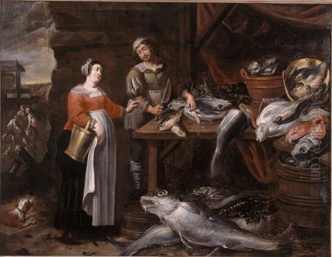 A Fishmonger Oil Painting by Alexander Adriaenssen