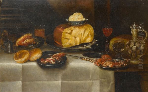 Cheese, ham, bread, crabs, two glasses, an inlaid knife and a Bembel on a table top Oil Painting by Alexander Adriaenssen
