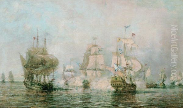 The First Battle of the Russian Fleet, 1719 Oil Painting by Alexey Bogolyubov
