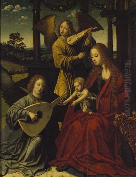 La Vierge a l'Enfant avec anges musiciens Oil Painting by Master Of The Morrison Triptych