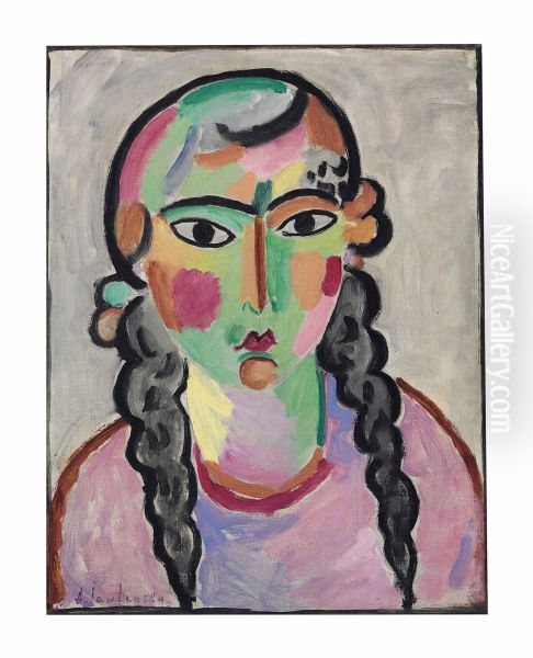 Das blasse Madchen mit grauen Zopfen Oil Painting by Alexej von Jawlensky
