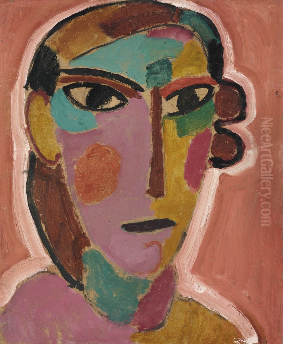 Mystical Women's head on red ground Oil Painting by Alexei Jawlensky