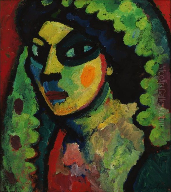Sicilian women with green shawl Oil Painting by Alexei Jawlensky
