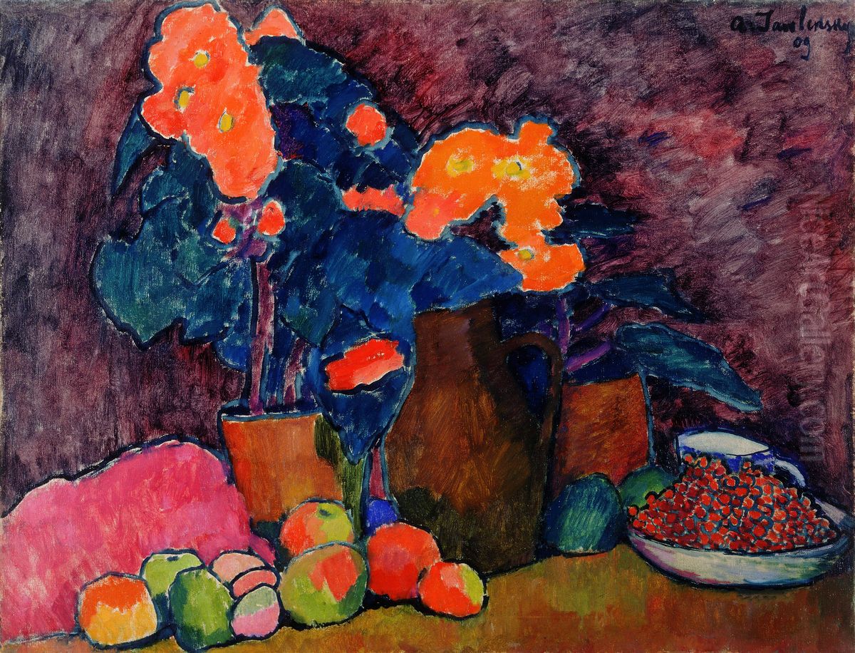 Flowers, fruit and jug Oil Painting by Alexei Jawlensky