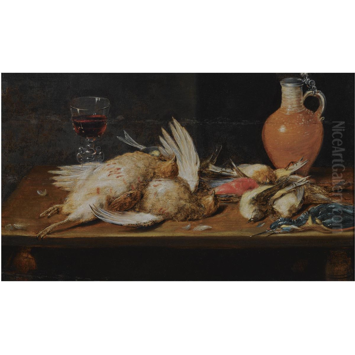 A still life with a robin, a kingfisher, partridges and songbirds, all on a wooden table, together with a glass and an earthenware jug Oil Painting by Alexander Adriaenssen