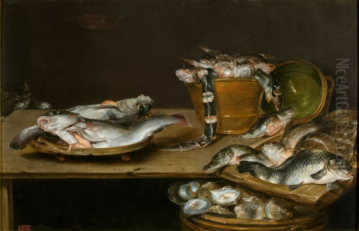Still life of table with fish, oysters and a cat Oil Painting by Alexander Adriaenssen