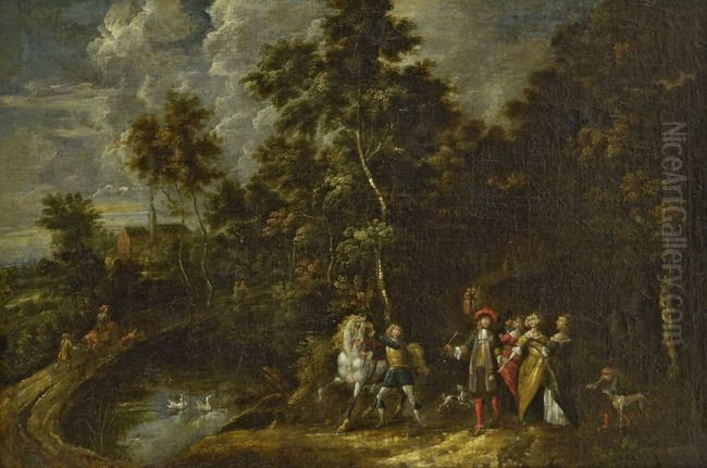 Forest landscape with elegant travellers Oil Painting by Alexander Casteels the Elder