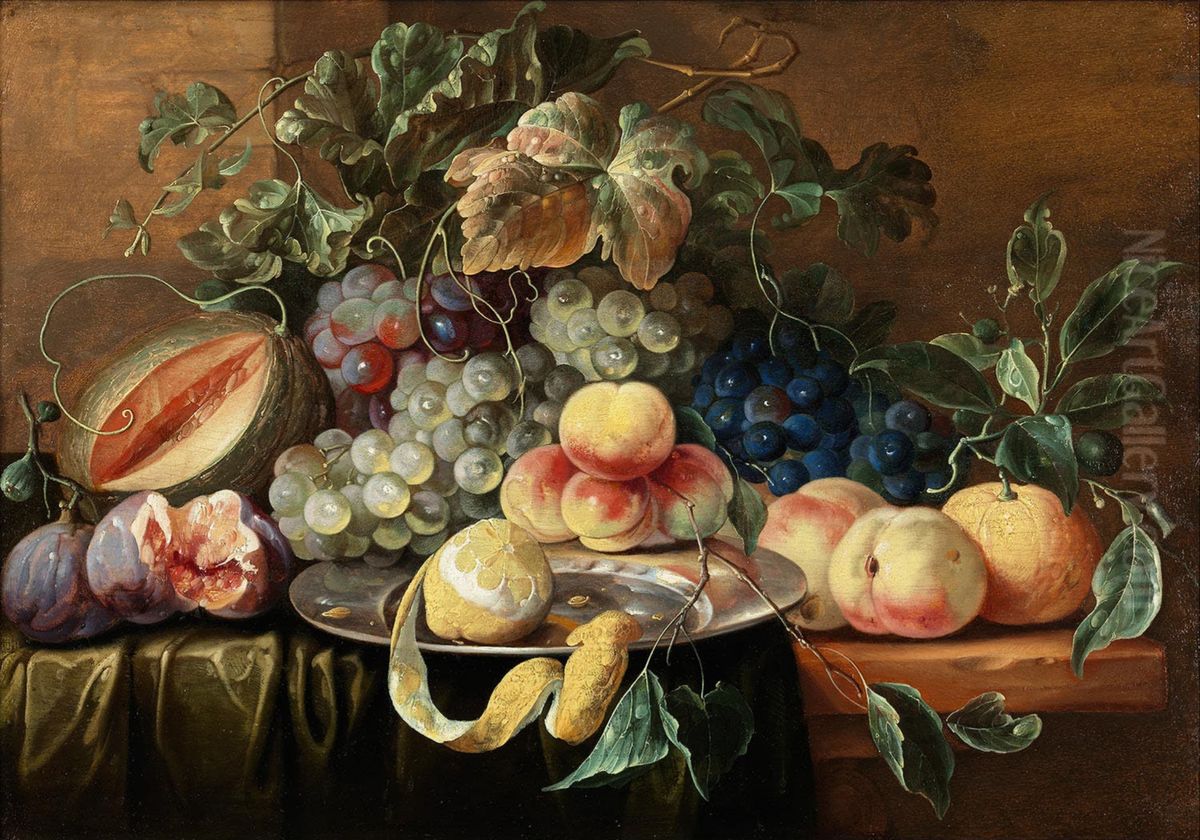 Fruit still life with grapes, figs, melon, peaches and lemon on a tin bowl Oil Painting by Alexander Coosemans