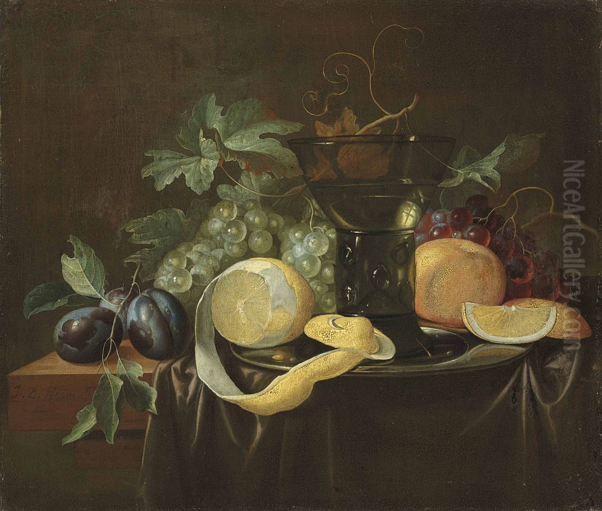 Fruit, a pewter dish and a roemer on a partially draped table Oil Painting by Alexander Coosemans