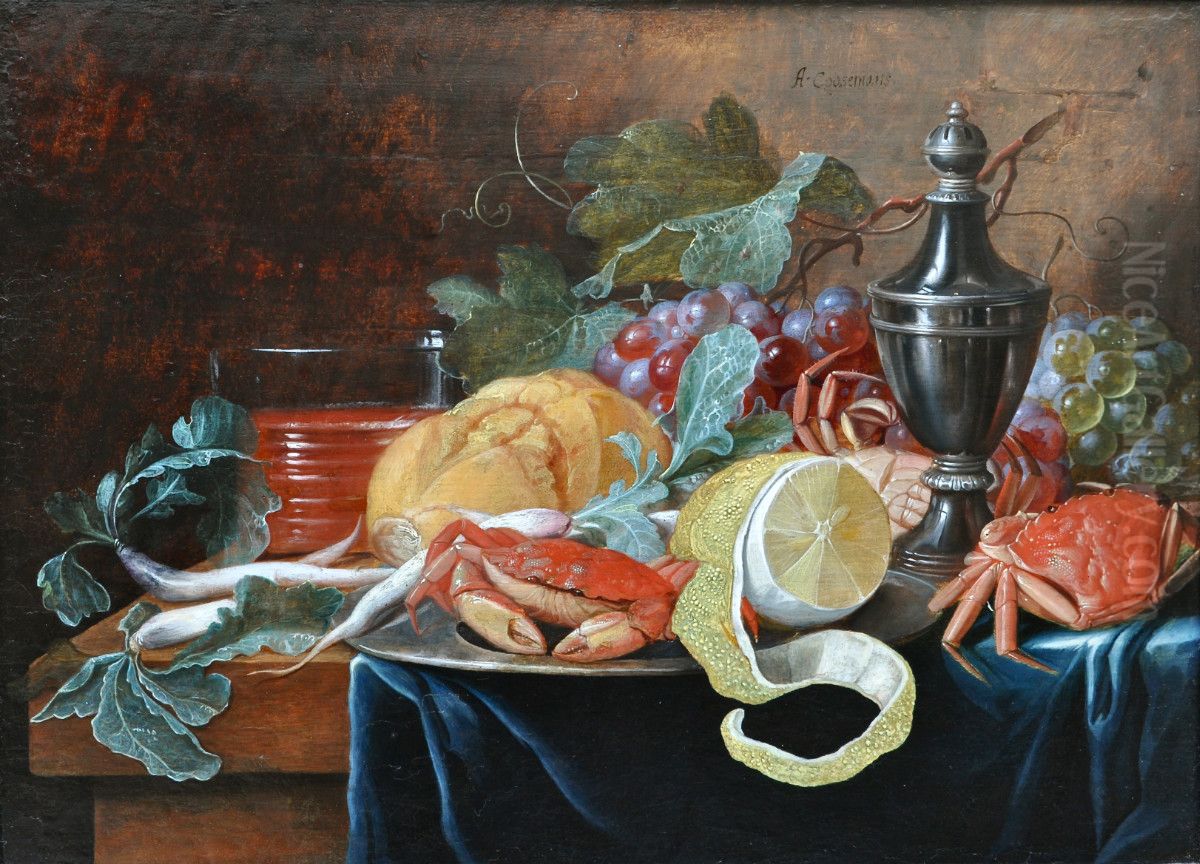Still life on a partly draped table Oil Painting by Alexander Coosemans