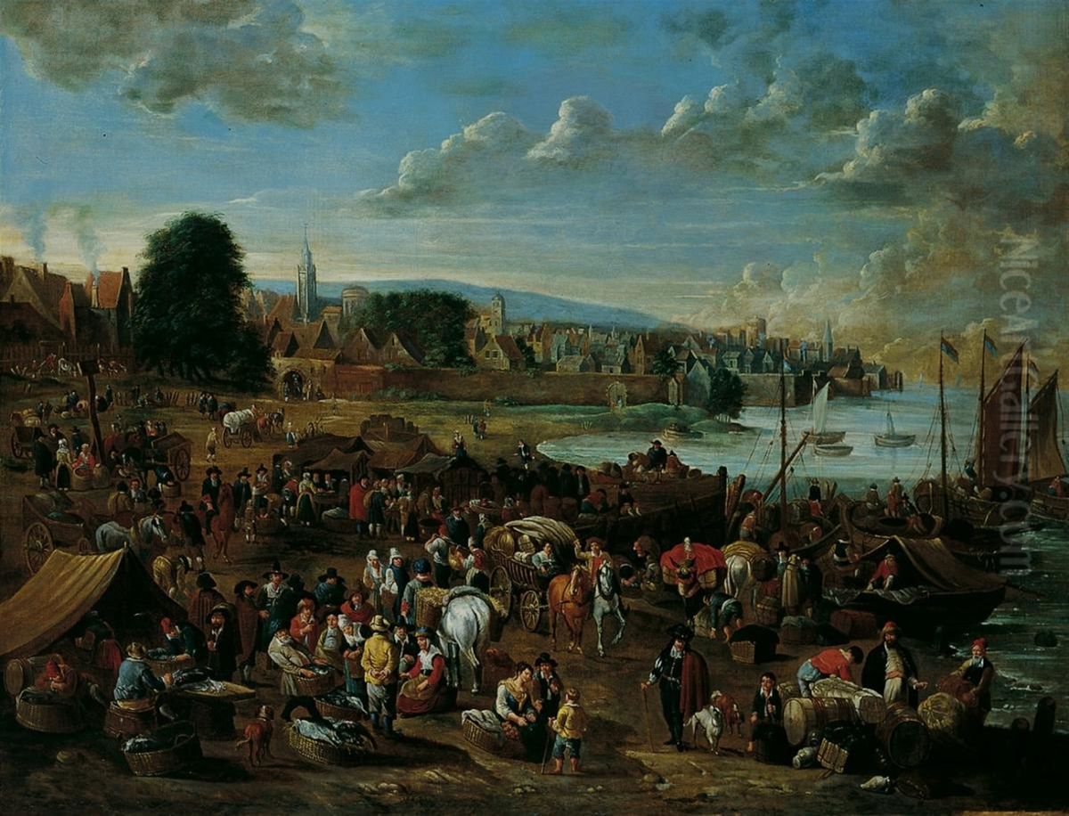 Harbour Scene with View of a Town Oil Painting by Alexander van Bredael