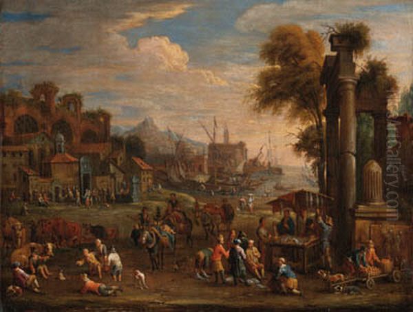 Peasants by a Mediterranean harbour with classical ruins; and Shepherds, peasants and merchants with classical ruins Oil Painting by Alexander van Bredael