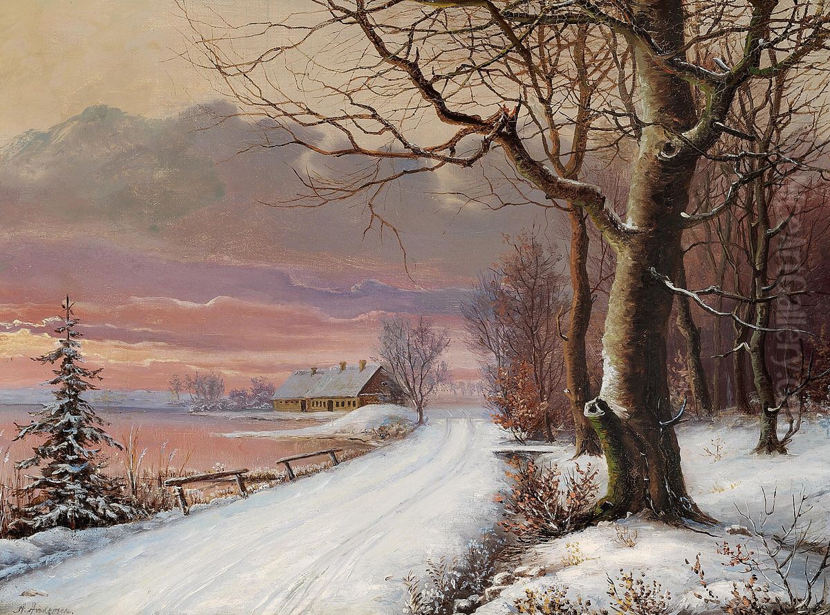 A winter landscape with a farm at sunset. Oil Painting by Anders Andersen-Lundby